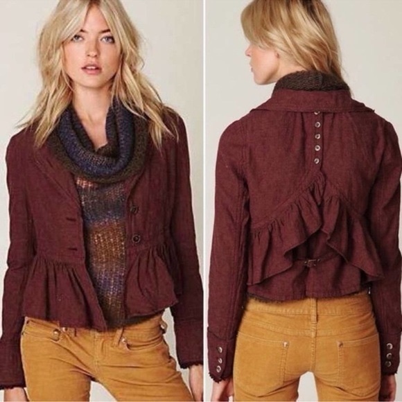 Free People Jackets & Blazers - Free People Linen Blend Mauve Ruffle Jacket Boho Peplum Vintage Size Small